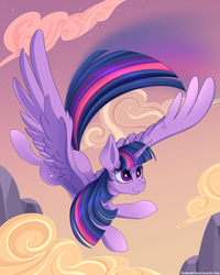 Size: 1000x1250 | Tagged: safe, artist:thenornonthego, twilight sparkle, alicorn, pony, g4, cloud, female, flying, horn, large wings, mare, sky, smiling, solo, spread wings, twilight sparkle (alicorn), wings