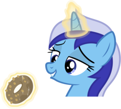 Size: 8000x7196 | Tagged: safe, artist:lahirien, minuette, pony, unicorn, amending fences, g4, absurd resolution, donut, female, food, glowing horn, horn, lidded eyes, magic, mare, simple background, smiling, solo, transparent background, vector