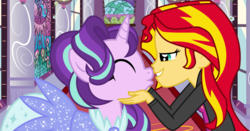 Size: 3508x1844 | Tagged: safe, artist:wissle, starlight glimmer, sunset shimmer, pony, unicorn, equestria girls, g4, alternate hairstyle, bedroom eyes, canterlot, clothes, cute, dress, duo, eyes closed, female, imminent kissing, interspecies, jacket, leather jacket, lesbian, lidded eyes, mare, ship:shimmerglimmer, shipping, smiling