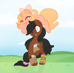 Size: 1334x1324 | Tagged: safe, artist:clockworkbat, oc, oc only, oc:inner sight, oc:peach bloom, alicorn, pegasus, pony, alicorn oc, blind, commission, eyes closed, female, filly, hair tie, happy, leg warmers, mare, outdoors, playing, smiling
