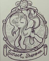 Size: 892x1115 | Tagged: safe, artist:gensokishidan, sunset shimmer, pony, g4, eyes closed, female, frame, monochrome, solo, traditional art