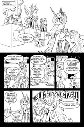 Size: 3285x4952 | Tagged: safe, artist:leon-z, princess celestia, oc, oc:thunderbolt, alicorn, pony, comic:returns endings & beginnings, g4, absurd resolution, alicorn oc, comic, monochrome