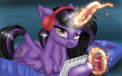 Size: 1024x640 | Tagged: safe, artist:tillie-tmb, oc, oc only, alicorn, pony, female, headphones, magic, mare, notepad, prone, solo