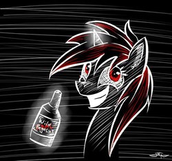 Size: 528x492 | Tagged: safe, artist:setharu, oc, oc only, oc:blackjack, pony, unicorn, fallout equestria, fallout equestria: project horizons, alcohol, bust, drink, glowing horn, horn, portrait, signature, smiling, solo, whiskey, wild pegasus