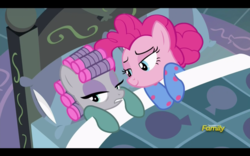Size: 1920x1200 | Tagged: safe, screencap, maud pie, pinkie pie, earth pony, pony, g4, rock solid friendship, season 7, clothes, discovery family, discovery family logo, female, hair curlers, letterboxing, lidded eyes, logo, pajamas, pie sisters pajamas, siblings, sisters