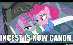 Size: 610x381 | Tagged: safe, edit, edited screencap, screencap, maud pie, pinkie pie, earth pony, pony, g4, rock solid friendship, bed, canon, caption, clothes, female, image macro, incest, lesbian, meme, out of context, pajamas, pillow, ship:pinkiemaud, shipping