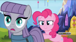 Size: 1366x768 | Tagged: safe, edit, edited screencap, screencap, maud pie, pinkie pie, earth pony, pony, g4, rock solid friendship, brazzers, castle, discovery family logo, female, sisters, twilight's castle