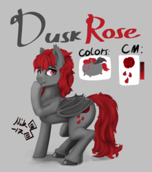 Size: 2796x3169 | Tagged: safe, artist:mik3thestrange, oc, oc only, oc:dusk rose, bat pony, pony, anatomically incorrect, female, gray background, high res, incorrect leg anatomy, mare, reference sheet, simple background, solo