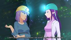 Size: 1280x720 | Tagged: safe, artist:jonfawkes, maud pie, starlight glimmer, human, g4, rock solid friendship, cave, clothes, dialogue, duo, elf ears, female, gem cave, hard hat, hat, helmet, humanized, looking at each other, mining helmet, open mouth, scene interpretation, unicorns as elves
