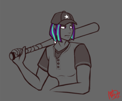 Size: 1052x871 | Tagged: safe, artist:madness-with-reason, derpibooru exclusive, aria blaze, human, g4, baseball, baseball bat, female, humanized, monochrome, partial color, solo