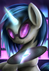 Size: 2064x3000 | Tagged: safe, artist:quefortia, dj pon-3, vinyl scratch, pony, unicorn, g4, female, glowing horn, high res, horn, looking at you, mare, record, see-through, solo, sunglasses