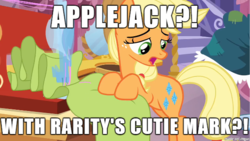 Size: 610x343 | Tagged: safe, edit, edited screencap, screencap, applejack, earth pony, pony, g4, magical mystery cure, background pony strikes again, critical research failure, female, image macro, meme, op is a slowpoke, solo, swapped cutie marks