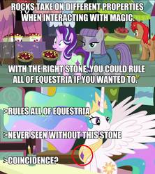 Size: 1280x1440 | Tagged: safe, edit, edited screencap, screencap, maud pie, princess celestia, starlight glimmer, alicorn, earth pony, pony, unicorn, g4, rock solid friendship, caption, conspiracy theory, female, image macro, jewelry, mare, meme, peytral, regalia, text