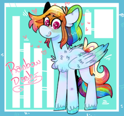 Size: 918x858 | Tagged: safe, artist:secretwanderlust, artist:sugarysharky, rainbow dash, pony, g4, chest fluff, colored wings, female, looking at you, name, open mouth, smiling, solo, standing