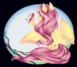 Size: 848x746 | Tagged: safe, artist:galaxyscreamer, fluttershy, bird, pegasus, pony, g4, female, fluttershy day, looking at something, mare, raised hoof, rating, rear view, sitting, solo, spread wings, wings