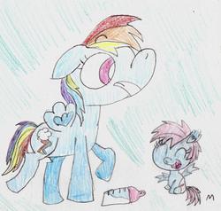 Size: 1364x1300 | Tagged: safe, artist:ptitemouette, rainbow dash, oc, oc:butterfly, bat pony, pony, g4, baby, baby bottle, magical lesbian spawn, offspring, parent:fluttershy, parent:rainbow dash, parents:flutterdash, traditional art