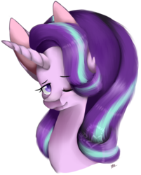 Size: 938x1164 | Tagged: safe, artist:alithecat1989, starlight glimmer, pony, unicorn, g4, bust, colored pupils, faic, female, looking at you, mare, one eye closed, portrait, simple background, smiling, solo, transparent background, wink, woll smoth
