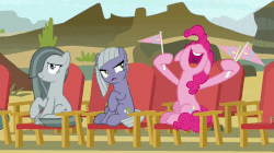 Size: 691x387 | Tagged: safe, screencap, limestone pie, marble pie, pinkie pie, earth pony, pony, g4, rock solid friendship, animated, annoyed, cheering, eyeroll, female, foam finger, gif, happy, pennant, smiling