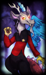 Size: 960x1556 | Tagged: dead source, safe, artist:not-ordinary-pony, discord, g4, clothes, crossover, disqord, fangs, glowing eyes, looking at you, q, red eyes, smiling, star trek, uniform, voice actor joke