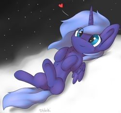Size: 1024x956 | Tagged: safe, artist:dbleki, princess luna, alicorn, pony, g4, chest fluff, cloud, cute, female, filly, fluffy, happy, heart, on a cloud, on back, prone, solo, stars, woona, younger