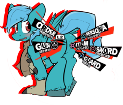 Size: 2125x1807 | Tagged: safe, artist:bbsartboutique, oc, oc only, oc:dusty, hippogriff, blushing, butt, clothes, funny, parody, persona, persona 5, persona style, plot, scarf, simple background, smol, transparent background, wings