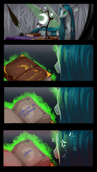 Size: 1240x2191 | Tagged: safe, artist:begasus, queen chrysalis, changeling, changeling queen, g4, book, comic, diary, prone, question mark, reading