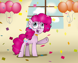 Size: 1336x1081 | Tagged: safe, artist:honestyponypaints, pinkie pie, earth pony, pony, g4, balloon, confetti, female, solo