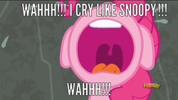 Size: 1024x576 | Tagged: safe, edit, edited screencap, screencap, pinkie pie, earth pony, pony, g4, rock solid friendship, caption, crying, discovery family logo, family guy, female, impact font, male, meme, nose in the air, open mouth, reference, snoopy, solo, volumetric mouth