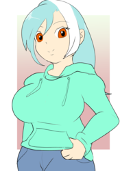 Size: 1280x1826 | Tagged: safe, artist:skyearts, lyra heartstrings, human, g4, breasts, busty lyra heartstrings, clothes, female, hoodie, humanized, looking at you, smiling, solo