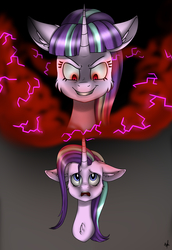 Size: 3442x5000 | Tagged: safe, artist:akameow665, starlight glimmer, pony, unicorn, g4, absurd resolution, anger magic, duality, female, magic, solo