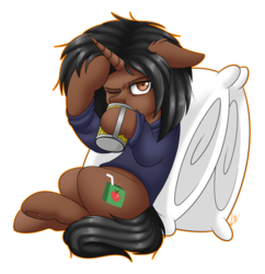 Size: 1024x1060 | Tagged: safe, artist:whitehershey, oc, oc only, pony, unicorn, one eye closed, pillow, simple background, solo, transparent background