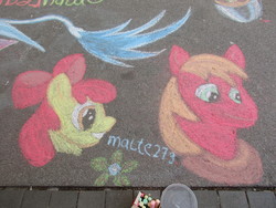 Size: 3648x2736 | Tagged: safe, artist:malte279, apple bloom, big macintosh, earth pony, pony, g4, chalk drawing, duo, high res, irl, male, photo, stallion, traditional art