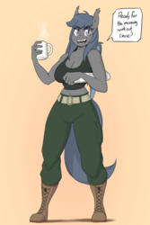 Size: 960x1440 | Tagged: safe, artist:skecchiart, oc, oc only, oc:laguna, bat pony, anthro, plantigrade anthro, boots, breasts, cleavage, coffee, coffee mug, female, looking at you, mare, mug, newspaper, solo