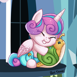 Size: 1470x1470 | Tagged: safe, artist:eeviart, princess flurry heart, whammy, pony, a flurry of emotions, g4, baby, baby alicorn, baby flurry heart, baby pony, cheek fluff, cloth diaper, cute, diaper, diapered, diapered filly, eye clipping through hair, eyes closed, female, filly, flurrybetes, hug, plushie, safety pin, smiling, solo
