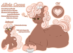 Size: 1280x929 | Tagged: safe, artist:theobrobine, oc, oc only, oc:alivio cocoa, earth pony, pony, female, mare, plump, raised hoof, reference sheet, simple background, smiling, solo, tongue out