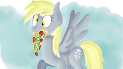 Size: 1280x720 | Tagged: safe, artist:jbond, derpy hooves, pegasus, pony, g4, female, food, mare, mouth hold, pizza, raised hoof, simple background, solo, spread wings, wings