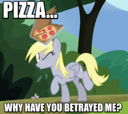 Size: 507x452 | Tagged: safe, edit, edited screencap, screencap, derpy hooves, pegasus, pony, g4, rock solid friendship, abuse, alternative cutie mark placement, derpybuse, female, food, image macro, inner thigh cutie mark, mare, meme, pizza, solo, tomato slices, tomatoes