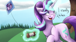 Size: 1920x1080 | Tagged: safe, artist:sketchthebluepegasus, starlight glimmer, pony, g4, female, kite, magic, solo, that pony sure does love kites