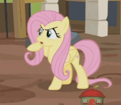 Size: 245x212 | Tagged: safe, screencap, fluttershy, pony, fluttershy leans in, g4, season 7, angry, animated, female, fluttershy is not amused, gif, solo, treehouse logo