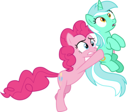 Size: 3398x3001 | Tagged: safe, artist:cloudy glow, artist:parclytaxel, artist:yanoda, lyra heartstrings, pinkie pie, earth pony, pony, unicorn, g4, rock solid friendship, carrying, duo, female, high res, holding a pony, mare, simple background, transparent background, vector