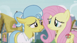 Size: 400x225 | Tagged: safe, screencap, clementine, doctor fauna, fluttershy, giraffe, pony, fluttershy leans in, g4, animated, female, floppy ears, gif, giraffes doing giraffe things, sneezing, treehouse logo