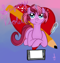 Size: 1031x1080 | Tagged: safe, artist:silversthreads, oc, oc only, oc:sugary violet, pony, unicorn, cutie mark, drawing, female, gradient background, magic, mare, solo, tablet