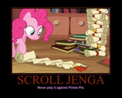 Size: 750x600 | Tagged: safe, pinkie pie, earth pony, pony, g4, pinkie apple pie, book, demotivational poster, female, in which pinkie pie forgets how to gravity, jenga, mare, meme, motivational poster, pinkie being pinkie, pinkie physics, scroll, solo