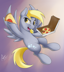 Size: 1600x1813 | Tagged: safe, artist:ac-whiteraven, derpy hooves, pegasus, pony, g4, rock solid friendship, female, flying, food, mare, open mouth, pizza, solo