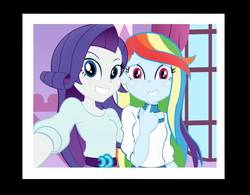 Size: 2000x1556 | Tagged: safe, artist:rajaie, rainbow dash, rarity, equestria girls, g4, alternate hairstyle, clothes, duo, grin, looking at you, nervous, nervous smile, photo, rainbow dash always dresses in style, selfie, smiling