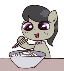 Size: 765x850 | Tagged: safe, artist:ehfkdl569, octavia melody, g4, bowl, bowtie, chibi, chopsticks, female, food, hoof hold, noodles, solo
