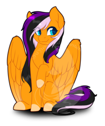 Size: 750x901 | Tagged: safe, artist:fuyusfox, oc, oc only, oc:sunrise, pegasus, pony, art trade, blue eyes, colored eyelashes, colored hooves, colored pupils, cute, female, looking at you, mare, multicolored hair, outline, raised hoof, simple background, sitting, solo, transparent background, watermark, wing fluff