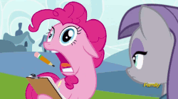 Size: 800x447 | Tagged: safe, screencap, maud pie, pinkie pie, earth pony, pony, g4, rock solid friendship, animated, clipboard, discovery family logo, faic, female, frown, gif, hoof hold, loop, majestic as fuck, mare, open mouth, pencil, screaming, spinning, tongue out, wat, wide eyes