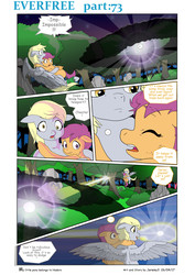Size: 4545x6424 | Tagged: safe, artist:jeremy3, derpy hooves, scootaloo, pegasus, pony, comic:everfree, g4, absurd resolution, blitz ball, comic, dialogue, female, filly, flying, mare