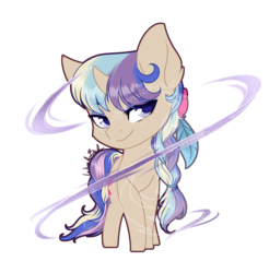 Size: 900x916 | Tagged: safe, artist:fuyusfox, oc, oc only, oc:lilly wishes, pony, unicorn, braid, chibi, commission, curved horn, cute, feather, female, freckles, hair accessory, horn, lidded eyes, magic, mare, multicolored hair, outline, purple eyes, signature, simple background, solo, sparkles, standing, transparent background, watermark